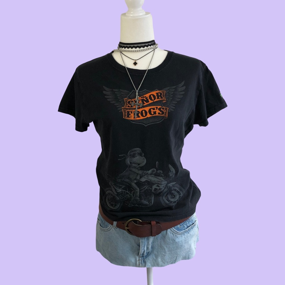 Vintage Y2K Biker Frog Black Graphic Tee Womens Large Isla Mujeres Mexico